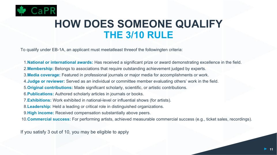 Điều kiện Định cư Mỹ EB-1A theo nguyên tắc 3/10