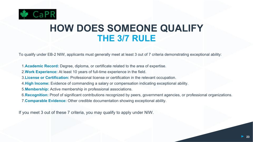 Điều kiện Định cư Mỹ EB-2 NIW theo nguyên tắc 3/7