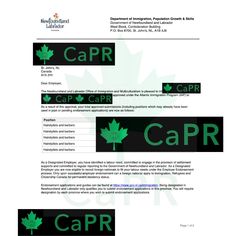 Giấy chứng nhận Endorsement Atlantic Immigration Program Newfoundland