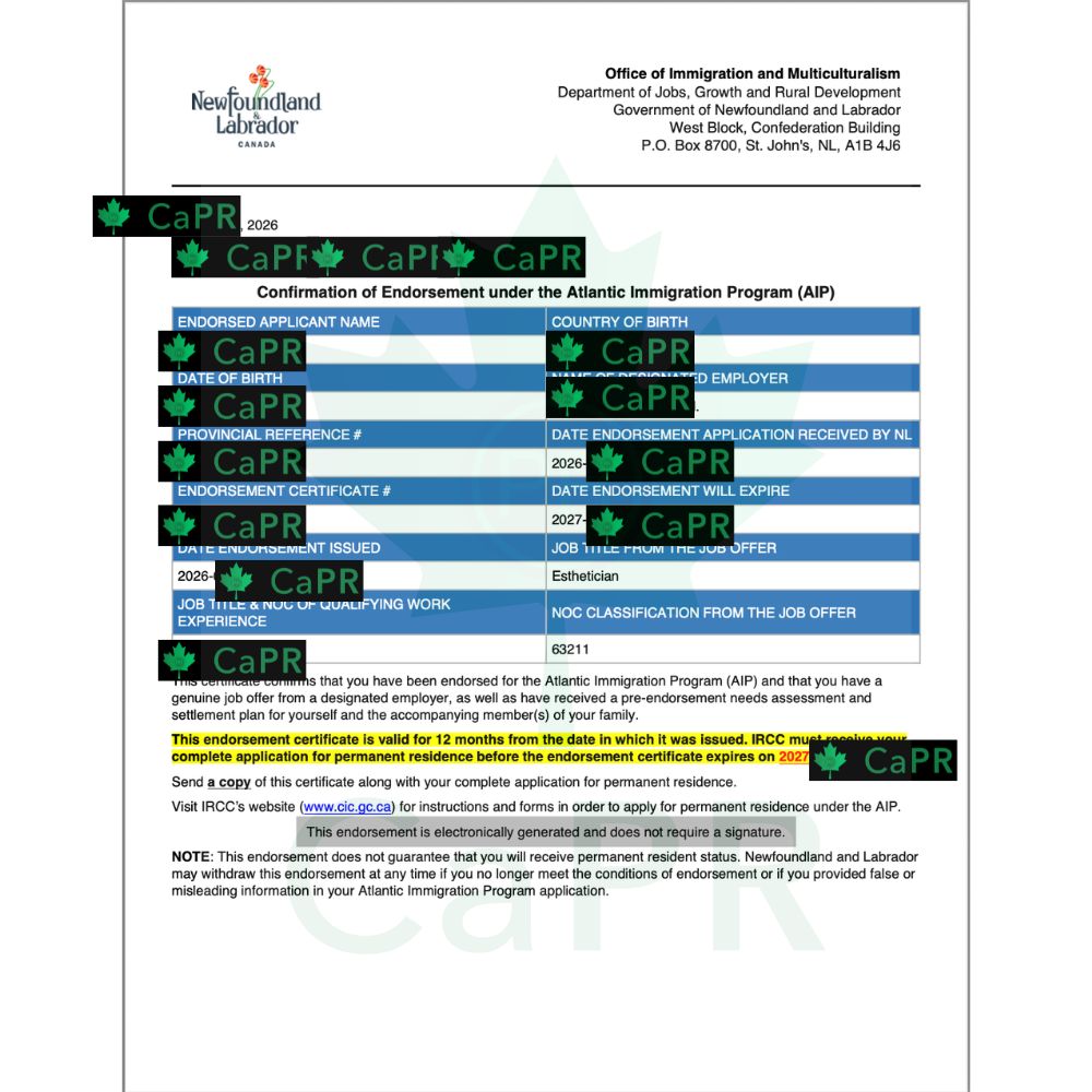 Giấy chứng nhận Endorsement Atlantic Immigration Program Newfoundland