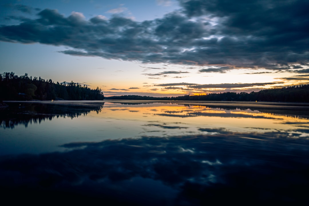 a body of water with trees and a sunset in the background a body of water with trees and a sunset in the background