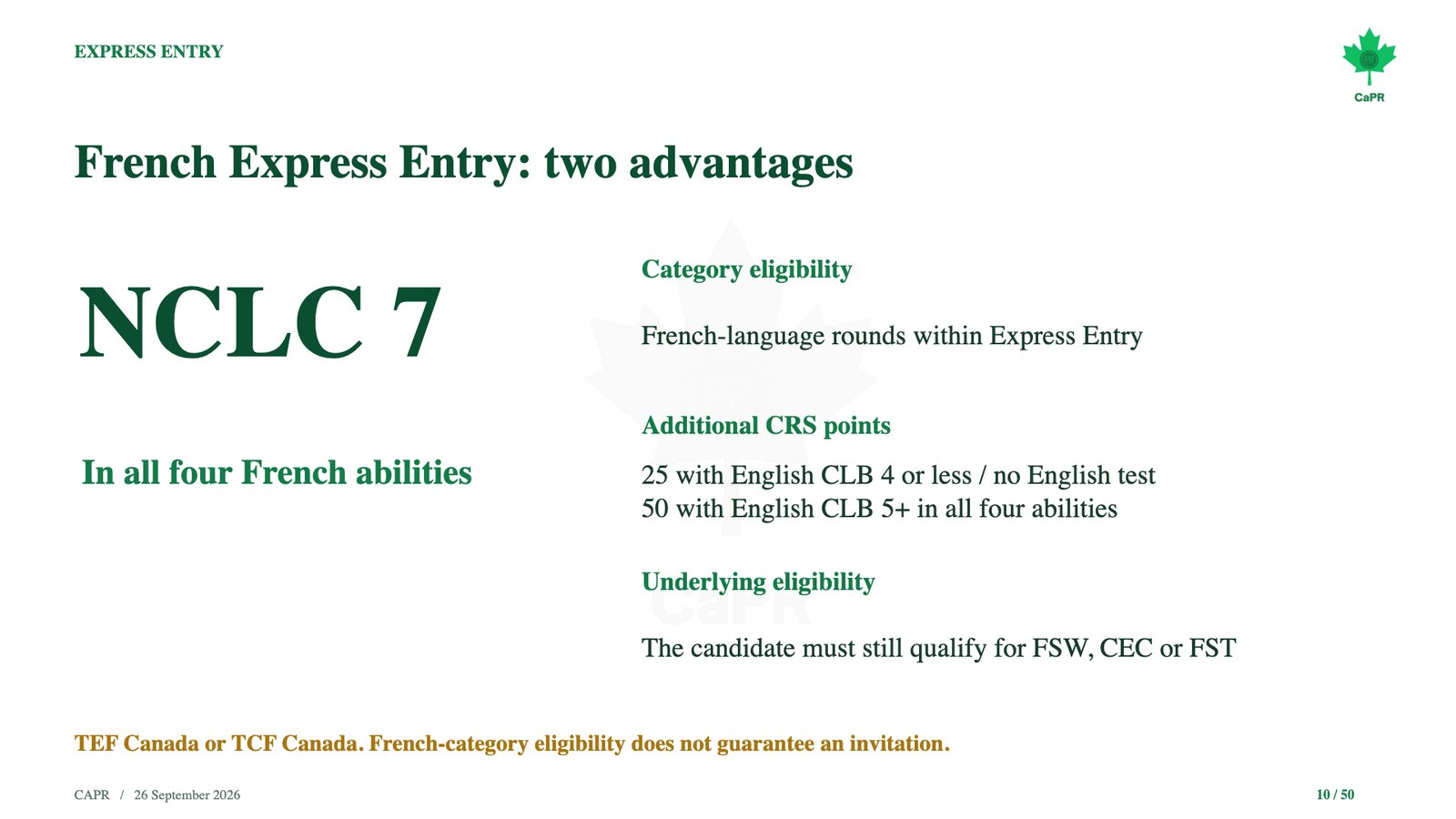 Slide webinar CaPR: tiếng Pháp Express Entry, NCLC 7 và điểm cộng CRS