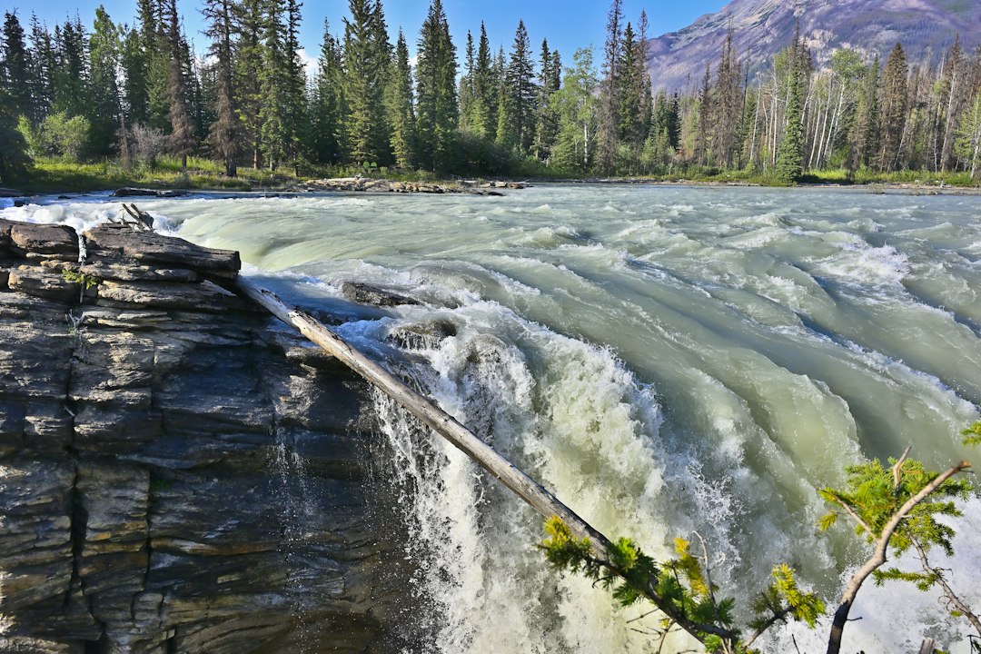 Rushing river forms a waterfall, surrounded by trees and mountains