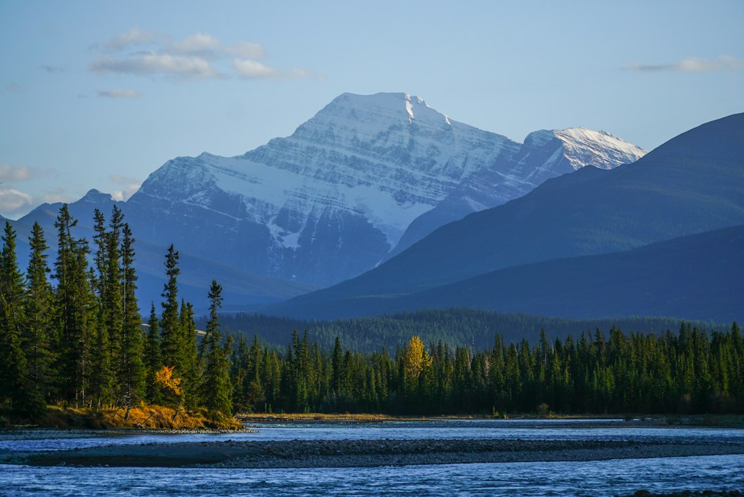 Mountains rise above a calm river and forest