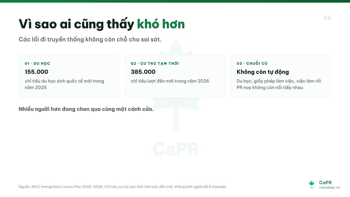 Ba lý do chính sách định cư Canada 2026 cảm thấy khó hơn