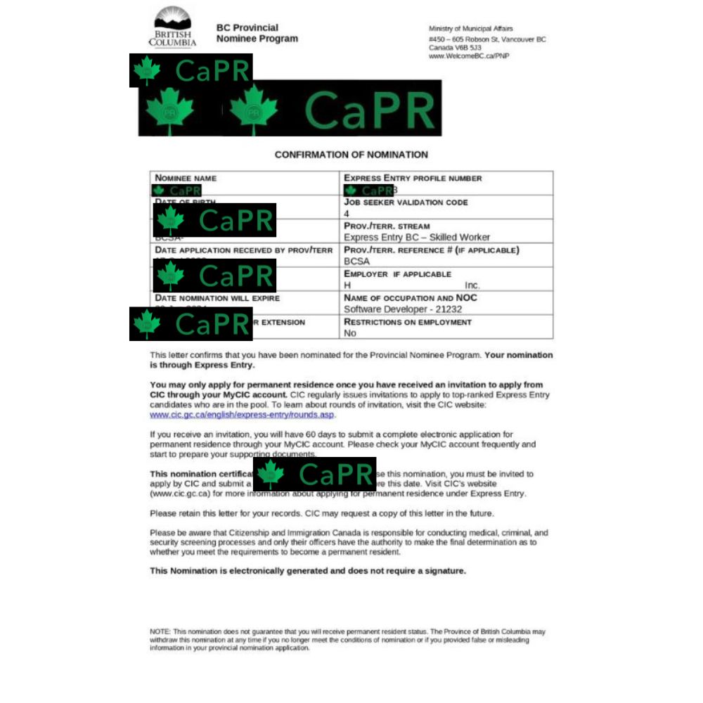 Thư đề cử tỉnh bang British Columbia diện Skilled Worker cho khách hàng đi Canada theo diện lao động, nghề Software Developer NOC 21232
