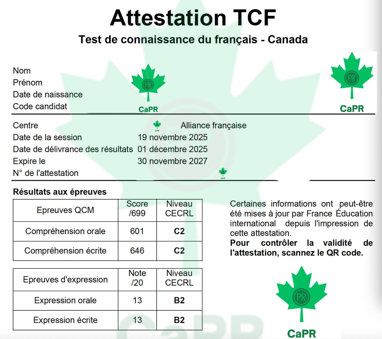Kết quả TCF Canada của khách hàng CAPR định cư Canada 50 tuổi, đã che thông tin cá nhân