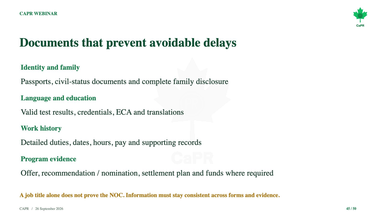 Slide webinar CaPR: giấy tờ giúp tránh chậm hồ sơ định cư Canada