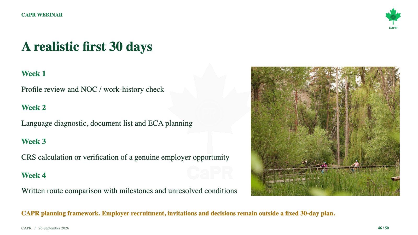 Slide webinar CaPR: kế hoạch 30 ngày đầu tiên cho người muốn định cư Canada