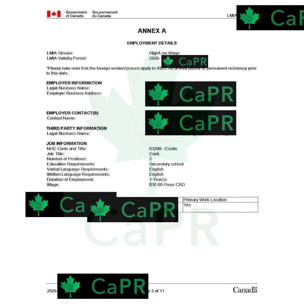 Annex A của LMIA cook Canada tại Saskatchewan, NOC 63200, lương 18 CAD/giờ, đã che thông tin doanh nghiệp