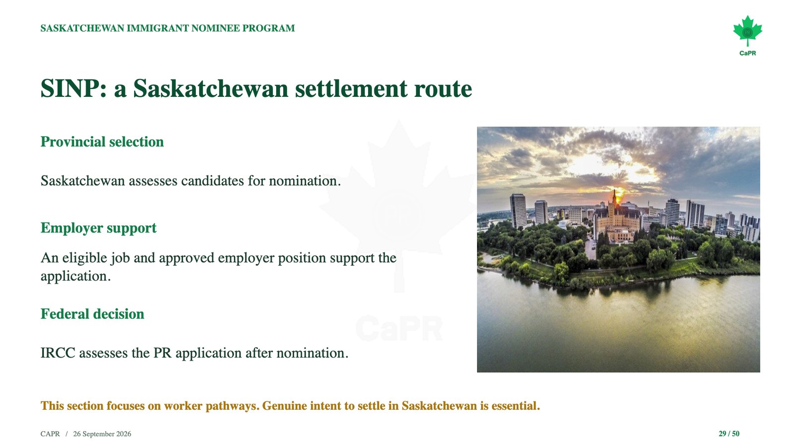 Slide webinar CaPR: SINP, lộ trình định cư Saskatchewan 3 tầng quyết định