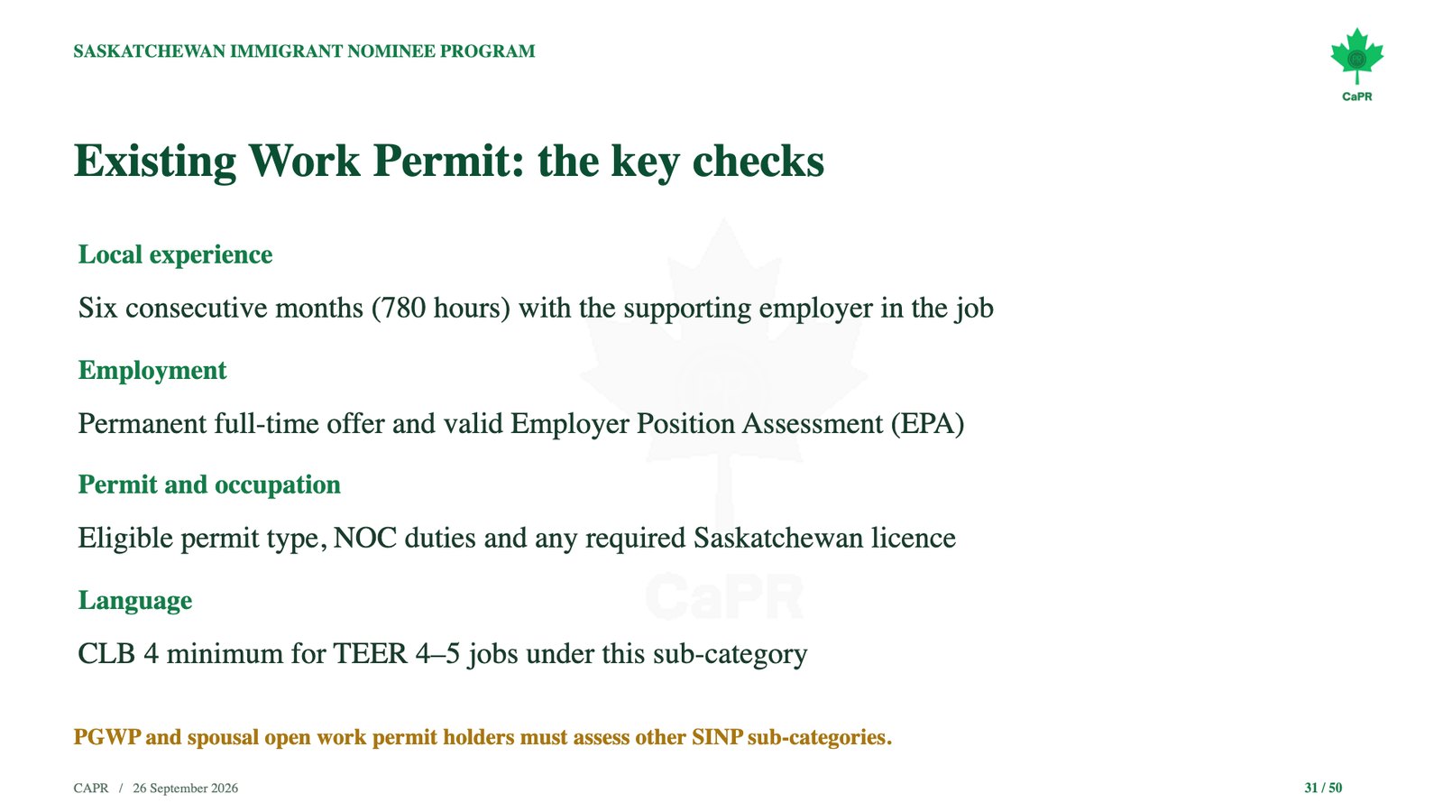 Slide webinar CaPR: điều kiện SINP Existing Work Permit, 6 tháng 780 giờ và EPA
