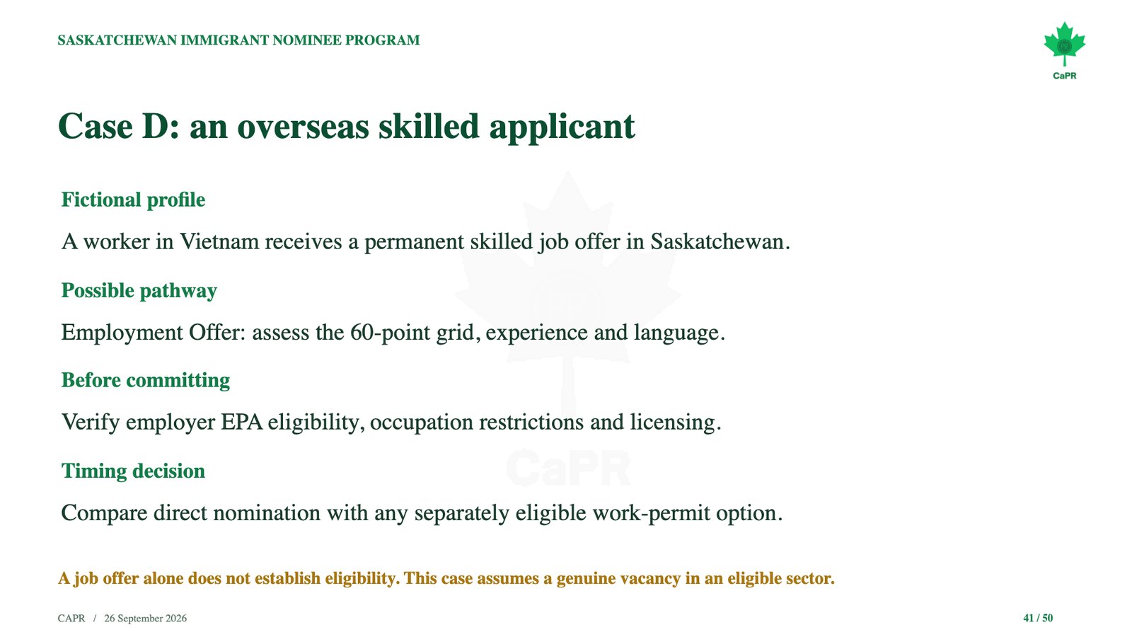 Slide webinar CaPR: Case D, người lao động tay nghề tại Việt Nam nhận offer Saskatchewan