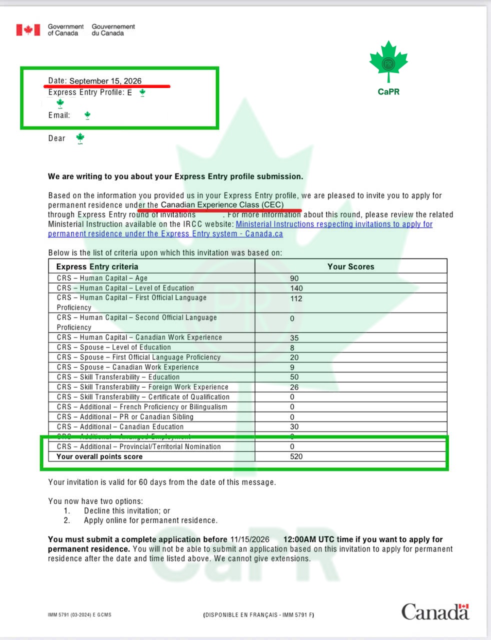 Thư mời ITA Express Entry CEC 520 điểm của khách hàng CAPR, đã che thông tin cá nhân