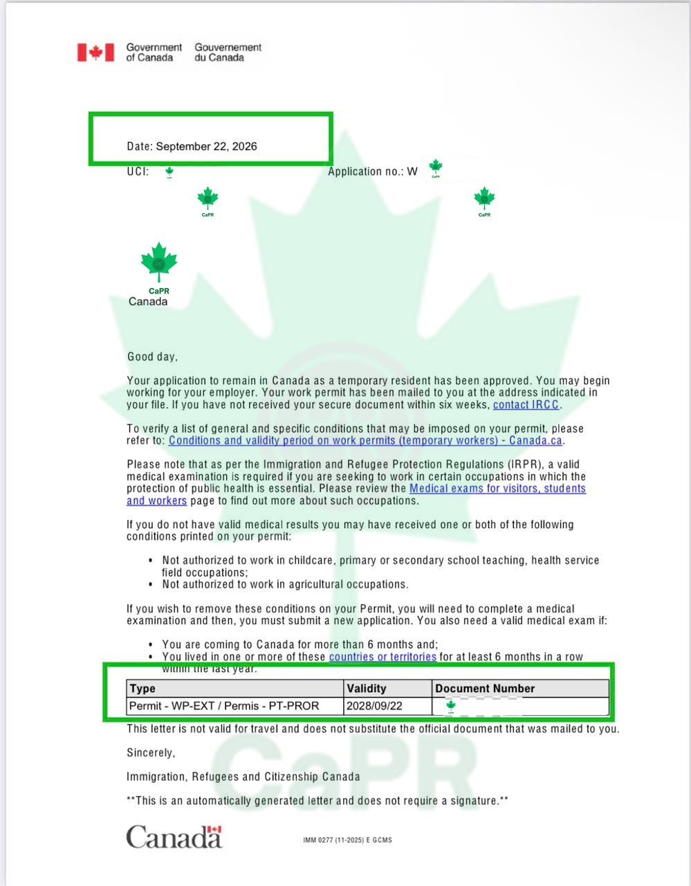 work permit LMIA được duyệt Thư IRCC báo work permit LMIA được duyệt, khách hàng CAPR, đã che thông tin cá nhân