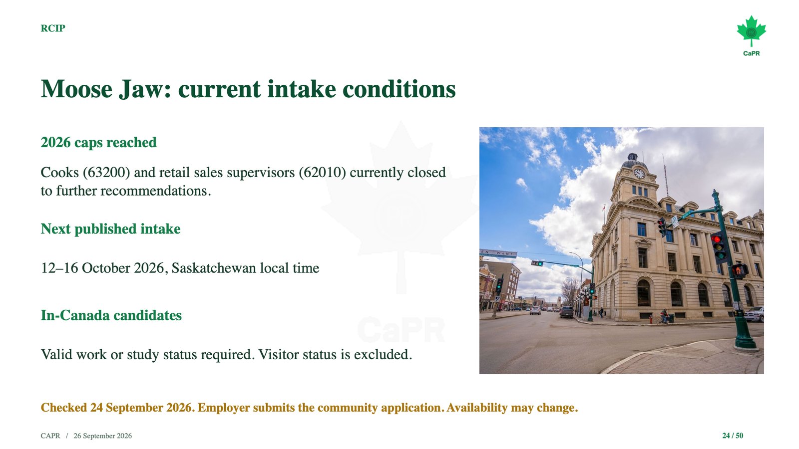 Slide webinar CaPR: RCIP Moose Jaw, nghề hết suất và đợt nhận hồ sơ tháng 10/2026
