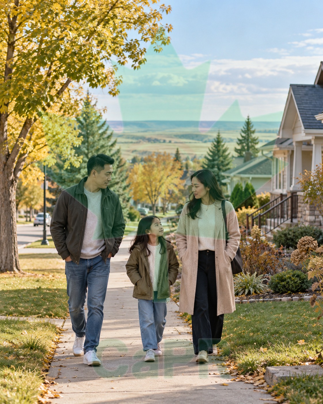 Ảnh minh họa tạo bằng AI: gia đình đi dạo ở thị trấn Canada
