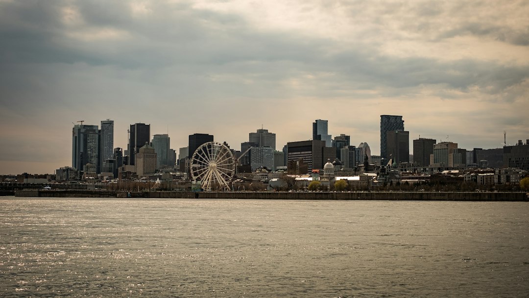Skyline with ferris wheel over water