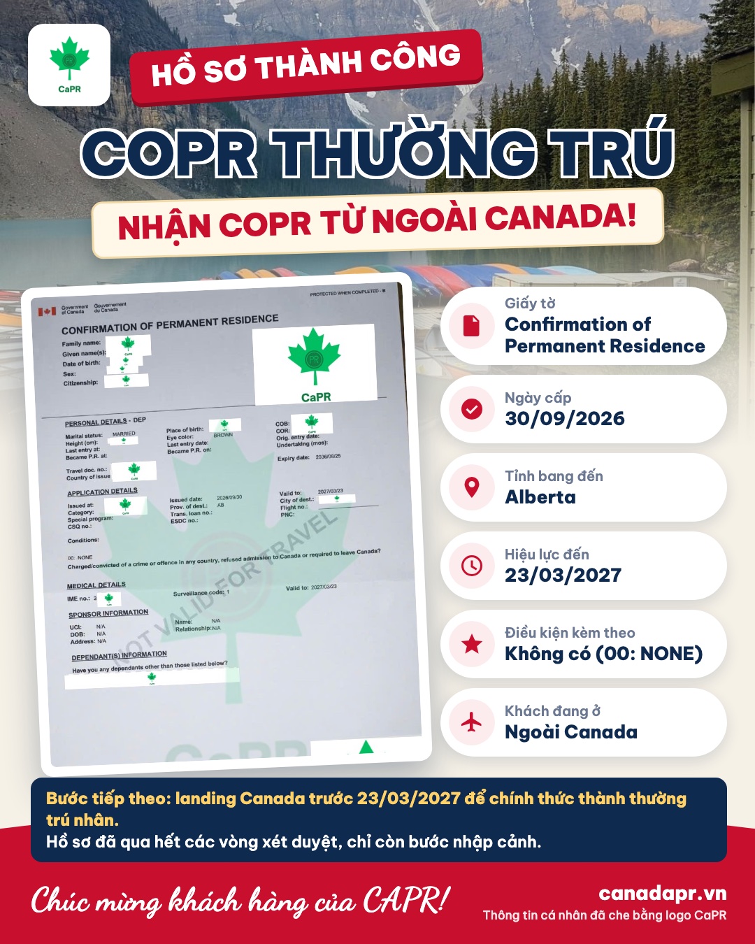 nhận COPR từ ngoài Canada - hồ sơ thành công CAPR