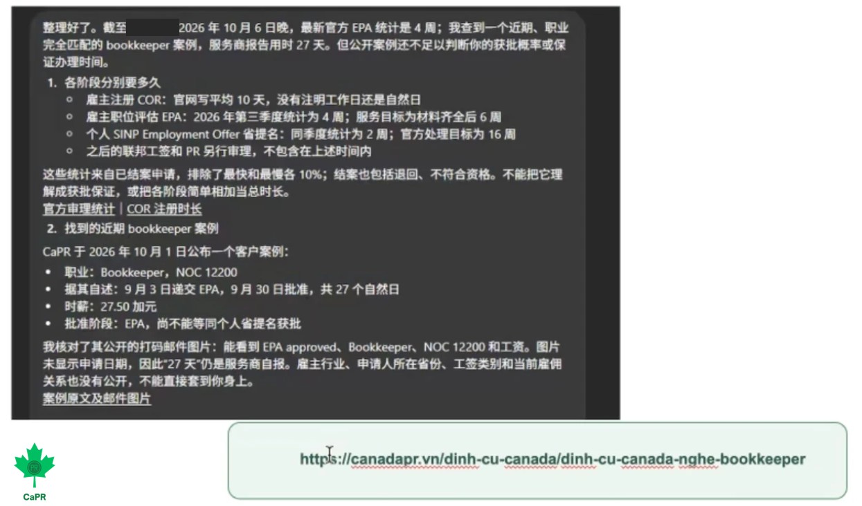 Câu trả lời của ChatGPT về EPA SINP nghề bookkeeper, dẫn đến bài viết hồ sơ thành công của CAPR ngày 01/10/2026
