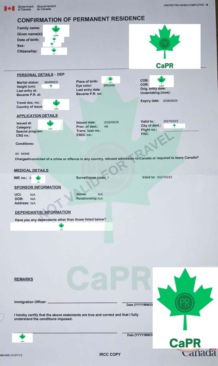 COPR giấy xác nhận thường trú Canada của khách hàng CAPR nhận từ ngoài Canada, đã che thông tin cá nhân