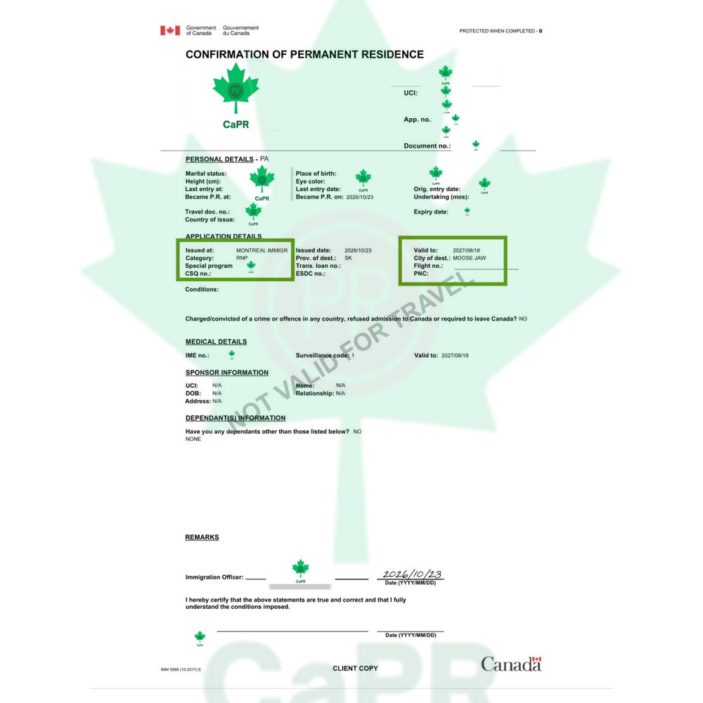 COPR RCIP Moose Jaw của khách hàng CAPR, trở thành thường trú nhân Canada ngày 23/10/2026, đã che thông tin cá nhân