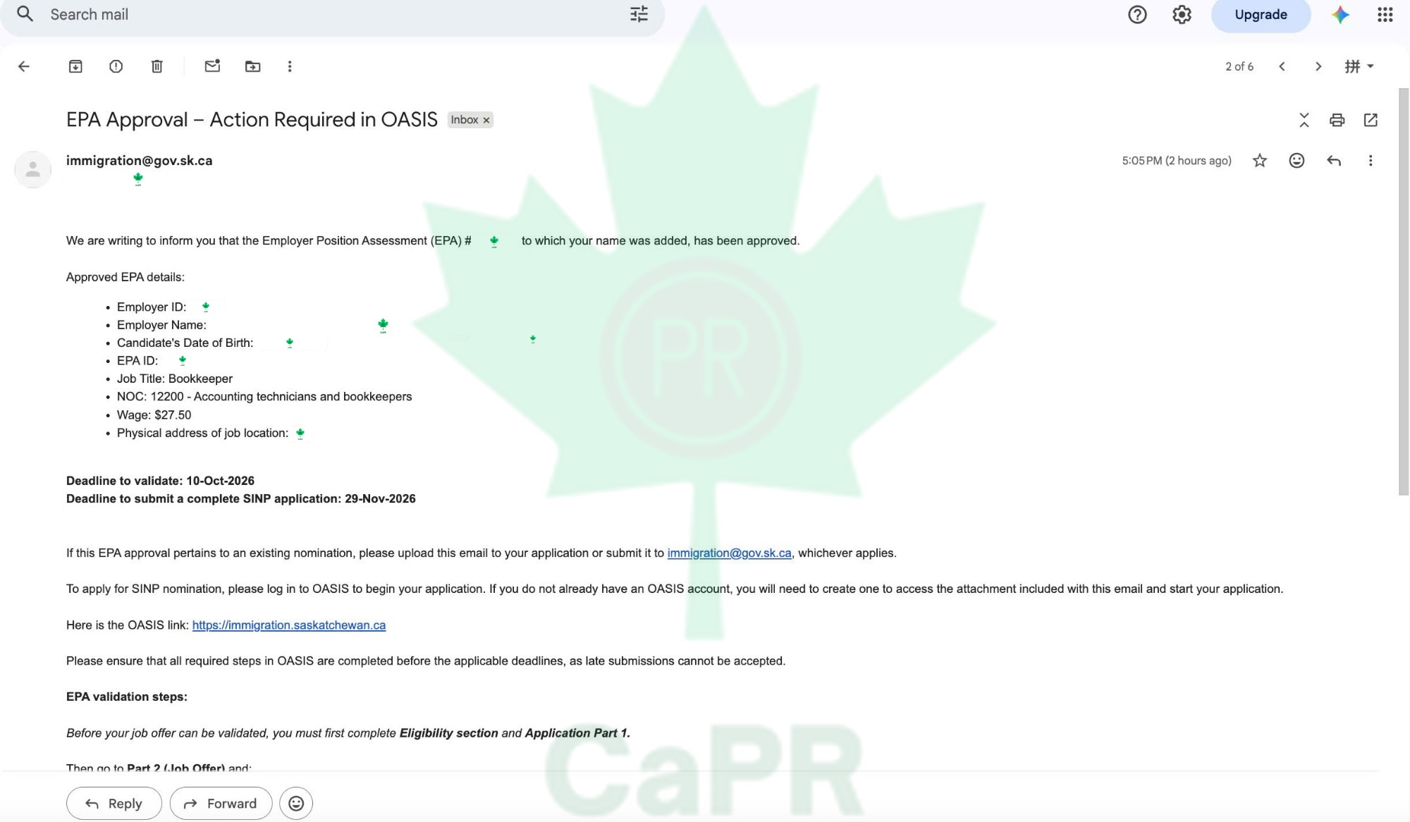 Email duyệt EPA SINP cho vị trí bookkeeper, NOC 12200, lương 27,50 CAD/giờ, khách hàng CaPR, đã che thông tin cá nhân