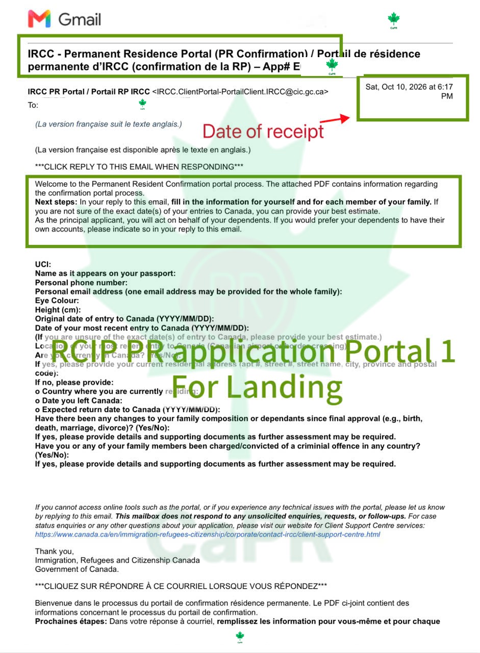 Email IRCC Permanent Residence Portal mời khách hàng CAPR xác nhận PR ngày 10/10/2026, đã che thông tin cá nhân