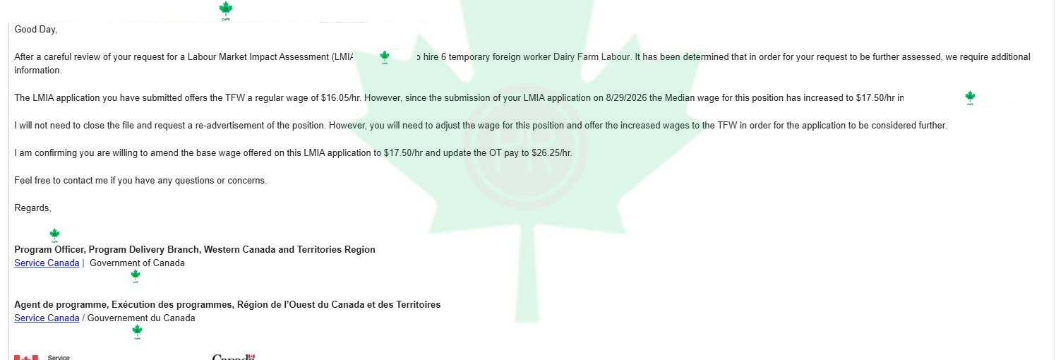 Bước 1 - Email Service Canada trong quá trình xét LMIA trang trại bò sữa Saskatchewan, đã che thông tin bằng logo CAPR