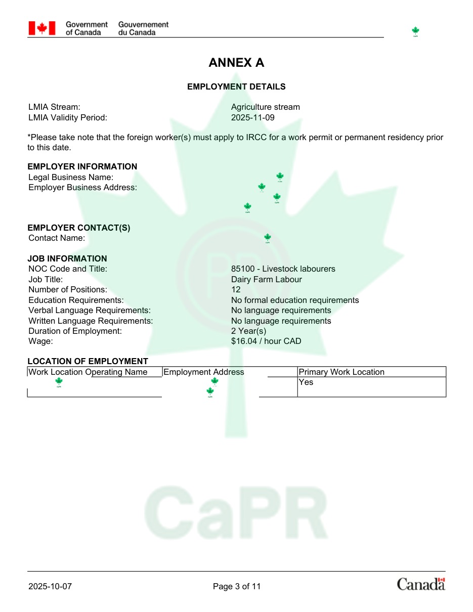 Bước 2 - Annex A chi tiết công việc trong LMIA trang trại bò sữa Saskatchewan, đã che thông tin bằng logo CAPR
