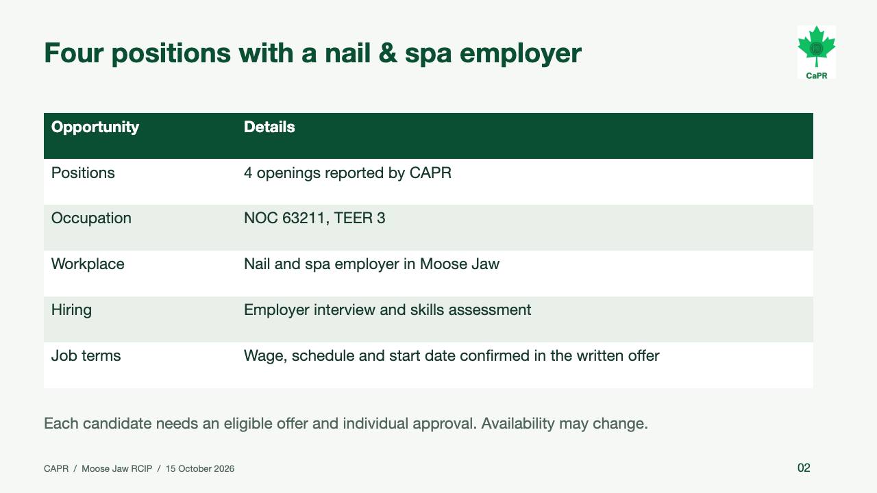 Slide 2 - Bốn vị trí tại một nhà tuyển dụng nail spa ở Moose Jaw