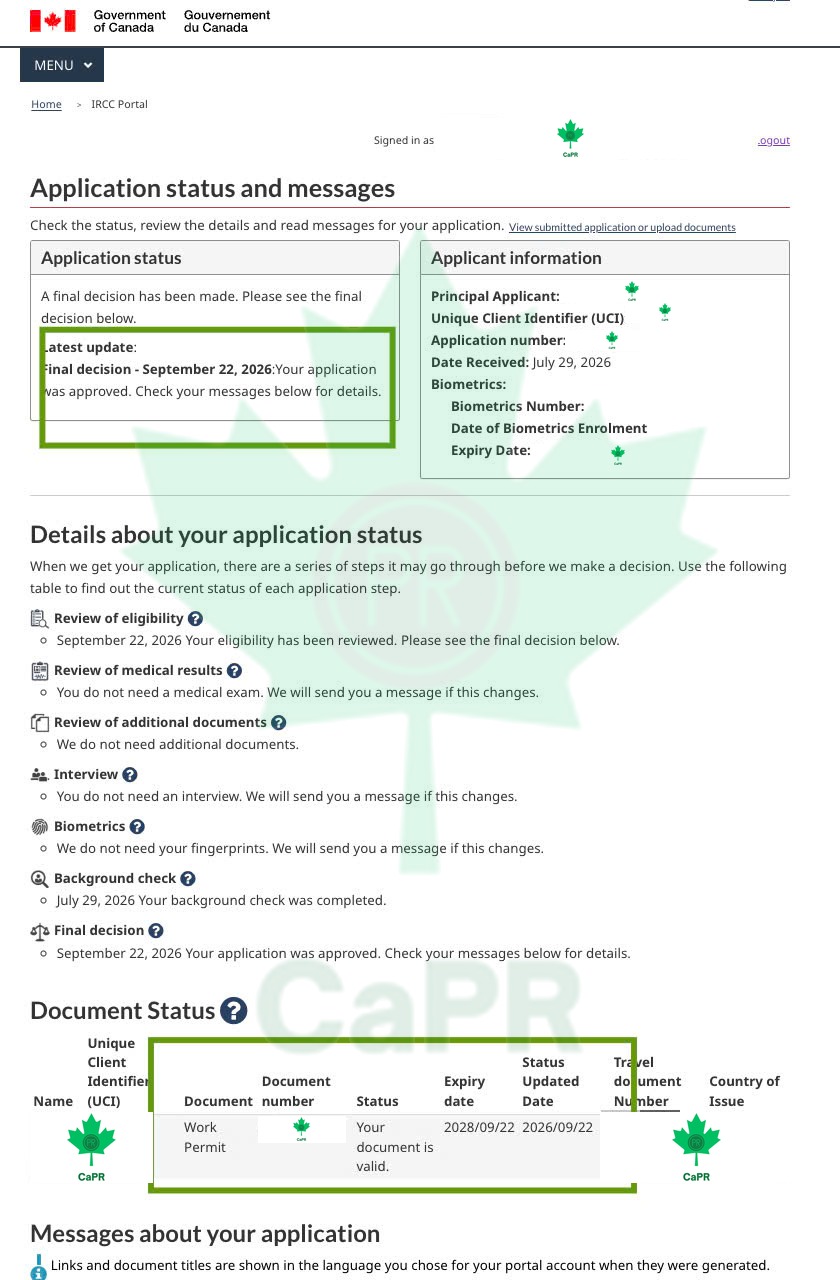 Portal IRCC báo hồ sơ gia hạn work permit được duyệt ngày 22/09/2026, đã che thông tin cá nhân