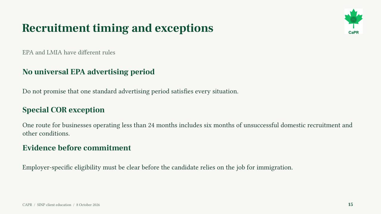 Slide 15 - Thời gian tuyển dụng và ngoại lệ COR cho doanh nghiệp dưới 24 tháng
