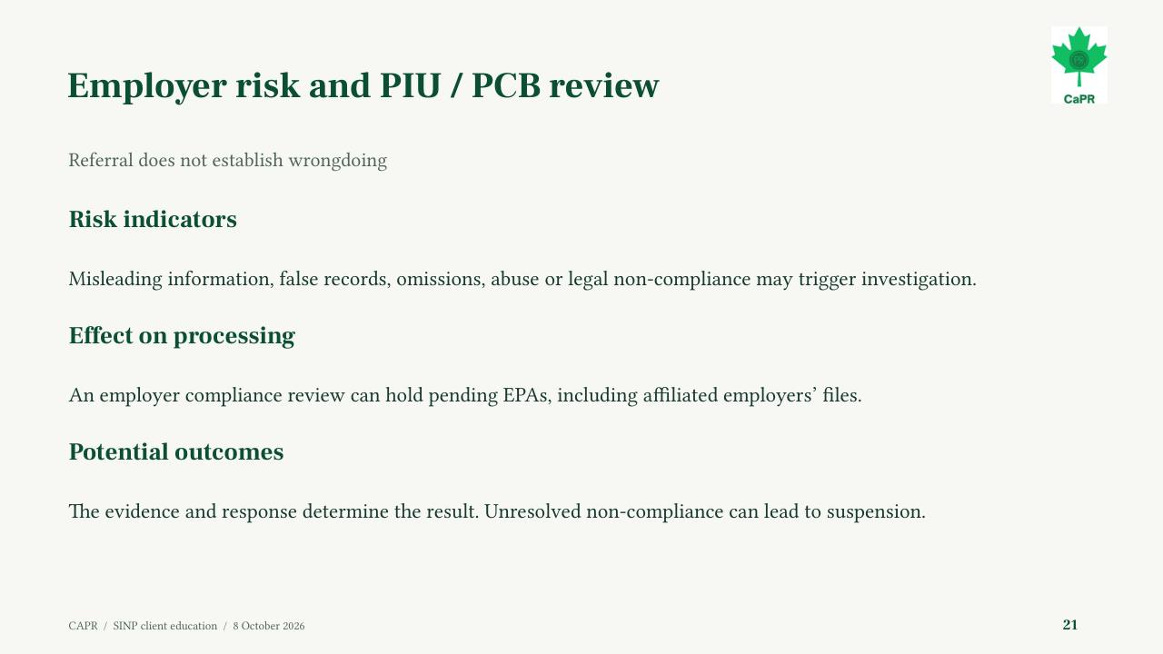 Slide 21 - Rủi ro nhà tuyển dụng và kiểm tra tuân thủ PIU/PCB
