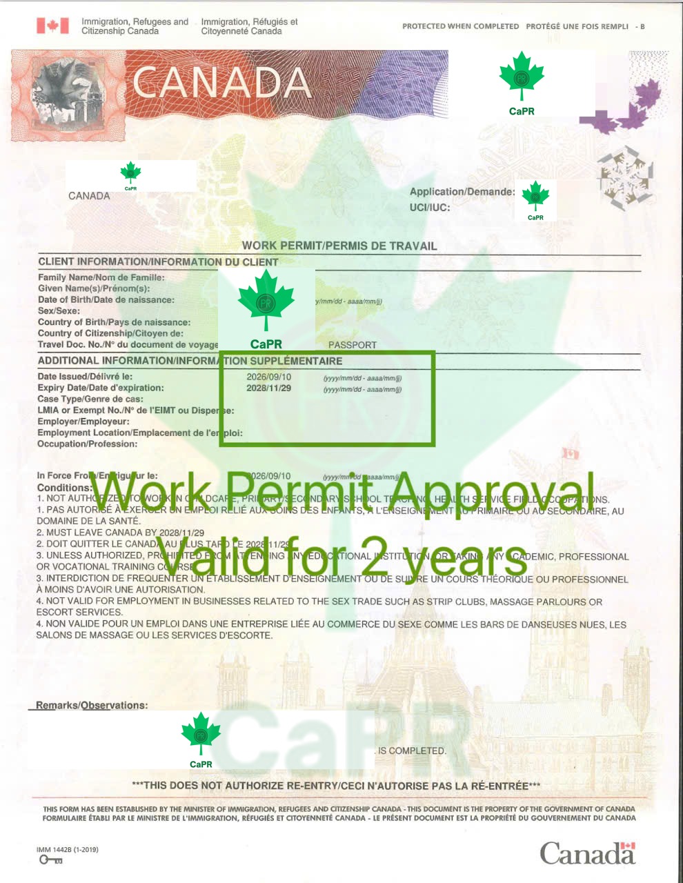 Work permit 2 năm của khách hàng CAPR, cấp ngày 10/09/2026, hết hạn 29/11/2028, đã che thông tin cá nhân