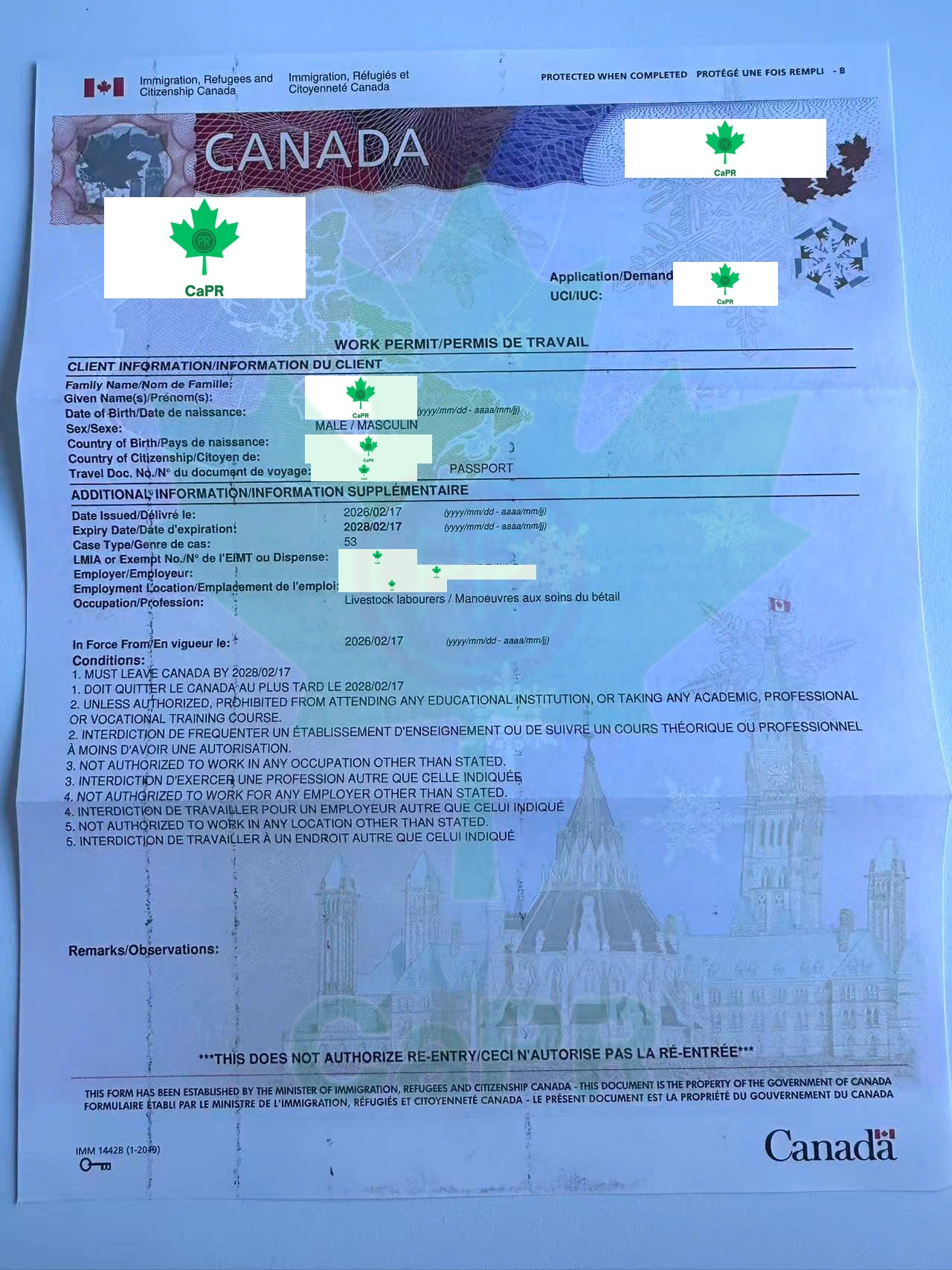 Bước 4 - Work permit cấp từ LMIA trang trại bò sữa Saskatchewan, đã che thông tin bằng logo CAPR