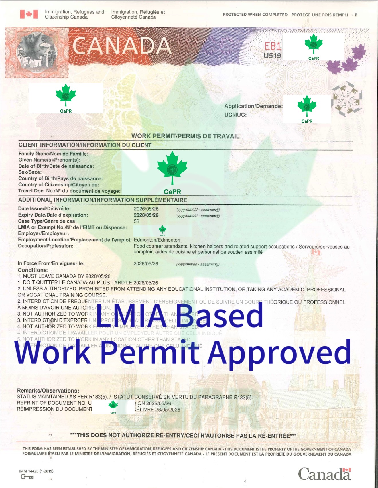 Work permit diện LMIA thật dùng làm ví dụ trong slide, đã che thông tin cá nhân