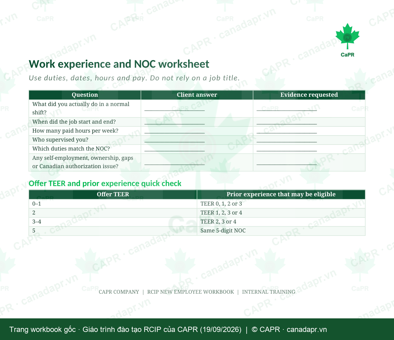 Phiếu NOC trong workbook để đối chiếu kinh nghiệm làm việc RCIP