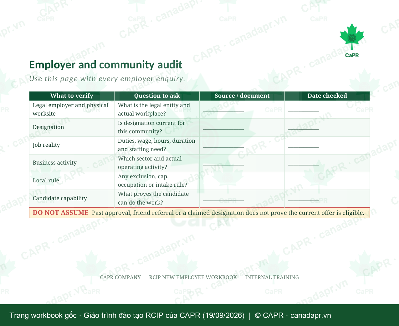 Phiếu audit điều kiện job offer RCIP và employer trong workbook CAPR