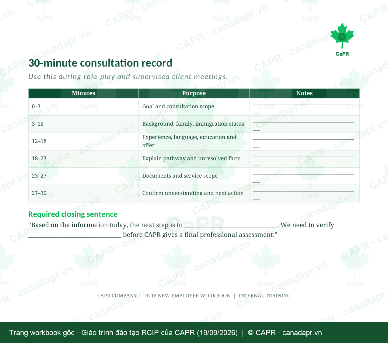 Phiếu ghi chép buổi gặp 30 phút trong workbook RCIP
